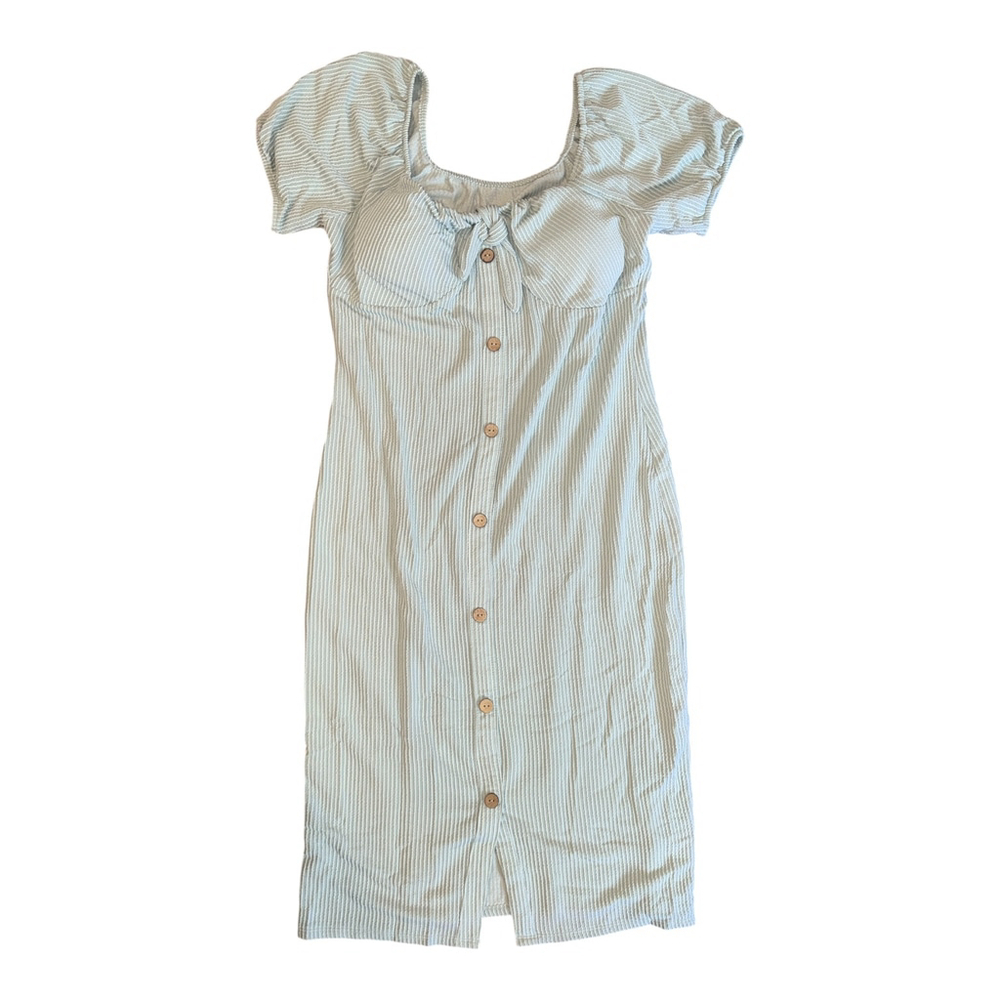 Women's Button-Down Maxi Dress, Ruffle Short Sleeve, Light Striped Pattern XL